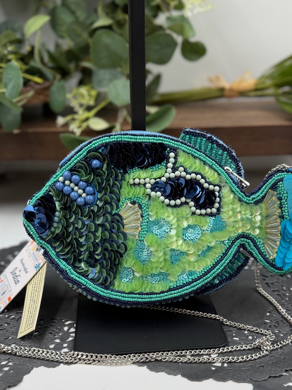 Handcrafted Beaded Fish Crossbody Clutch Blue Green India Bag NEW